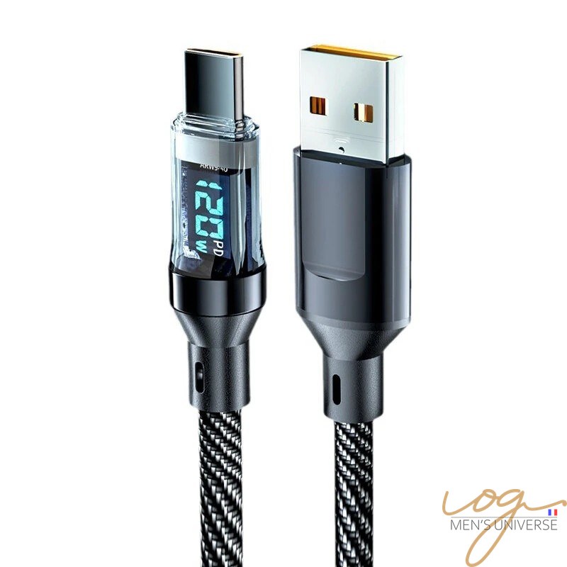 Câble USB-A vers Type-C 120W écran digital, charge rapide et transfert de données, nylon tressé, noyau cuivre, 1M/2M