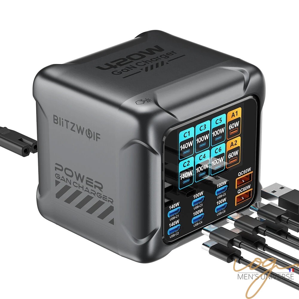 Chargeur secteur GaN 420W 8 Ports USB-C USB-A Écran LED Station Charge Rapide PD QC pour iPhone MacBook AirPods Apple Watch