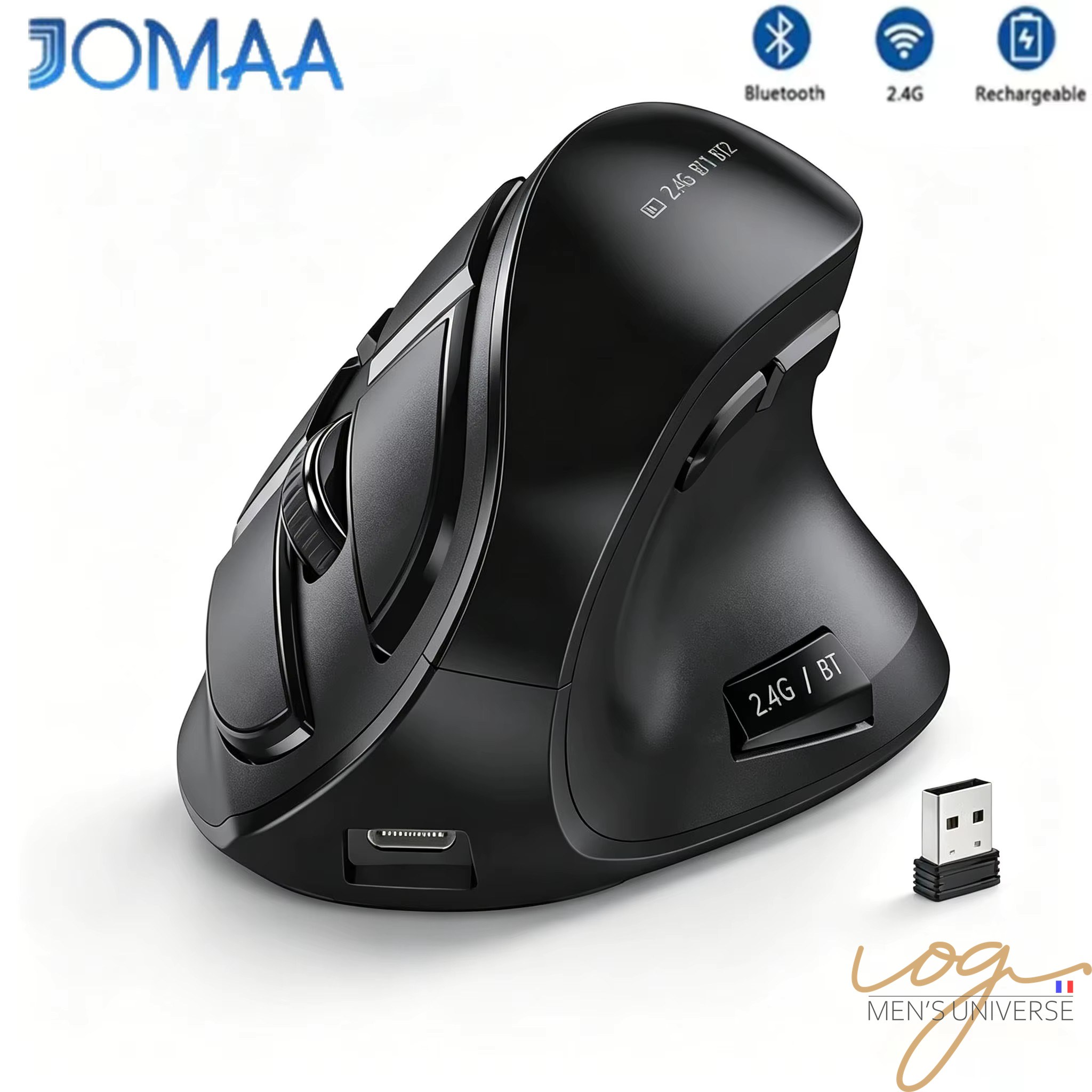 Souris sans fil ergonomique rechargeable Bluetooth et 2.4G, clic silencieux, 70 IPS, 184g, pour PC ordinateur portable