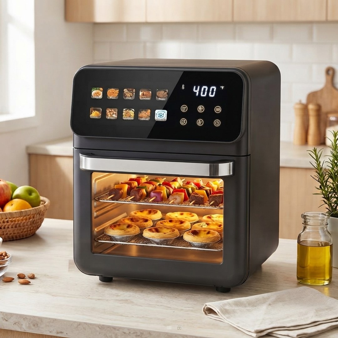 Friteuse à Air 10L avec 10 Programmes de Cuisson, Écran LED et Fenêtre Éclairée, Double Panier