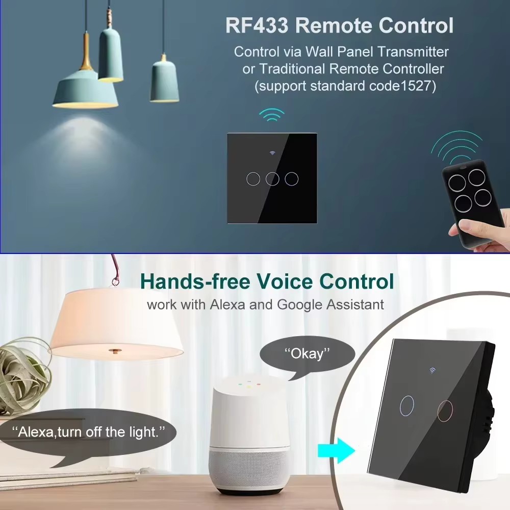 Interrupteur mural tactile WiFi sans neutre 220V RF 433MHz compatible Tuya Alexa Google 1/2/3/4 voies 16A